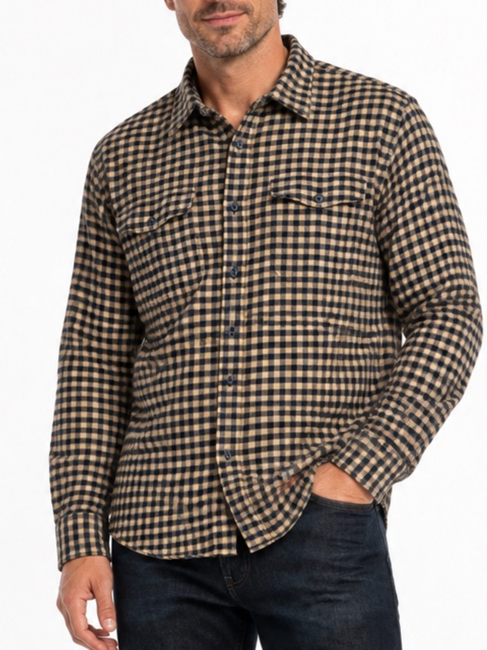 American Eagle Men’s L Tan Navy Plaid Cotton Flannel Button-Down Shirt